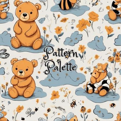 Floral Bear And Bee Illustration Seamless Pattern,..