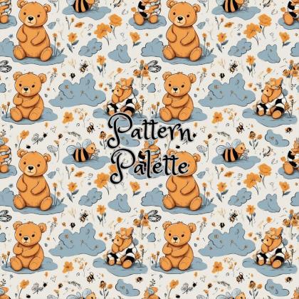 Floral Bear And Bee Illustration Seamless Pattern,..