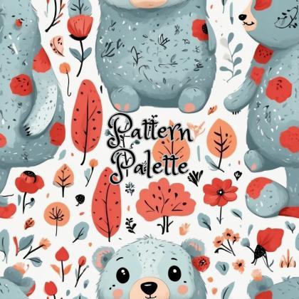 Blue Bear And Red Flower Seamless Pattern, Cute..
