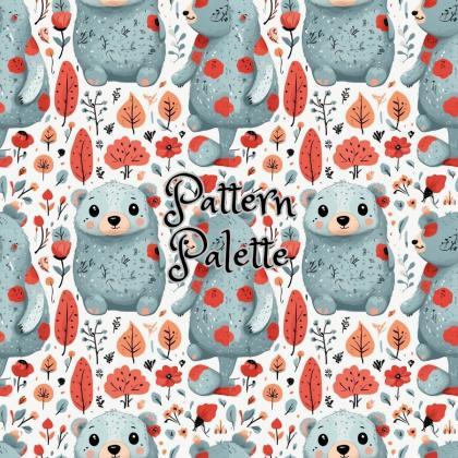 Blue Bear And Red Flower Seamless Pattern, Cute..