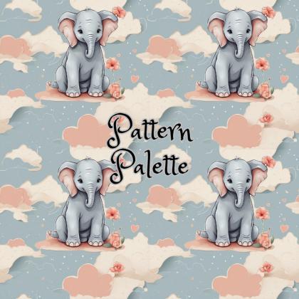 Elephant In The Rose Clouds Seamless Pattern, Cute..