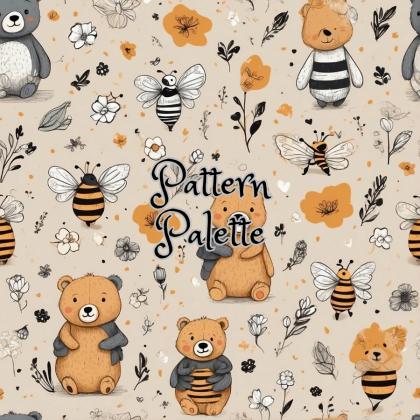 Bears And Bees Garden Party Seamless Pattern, Cute..
