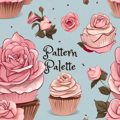 Roses And Cupcakes Elegance Seamless Pattern, Cute..