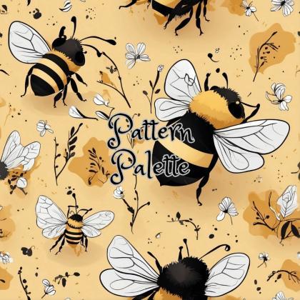 Stylized Bee And Floral Seamless Pattern, Fabric..