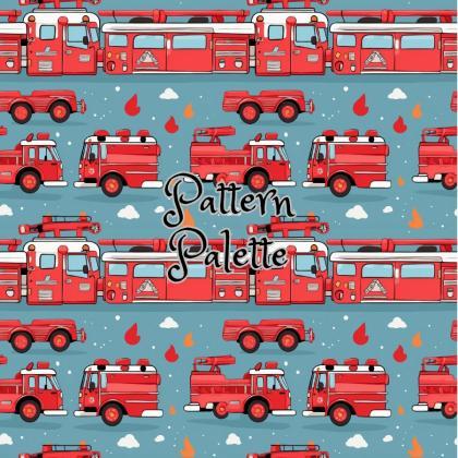 Fire Trucks Adventure Seamless Pattern, Fabric..