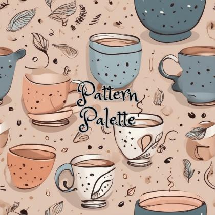 Coffee Cups And Leaves Seamless Pattern, Fabric..