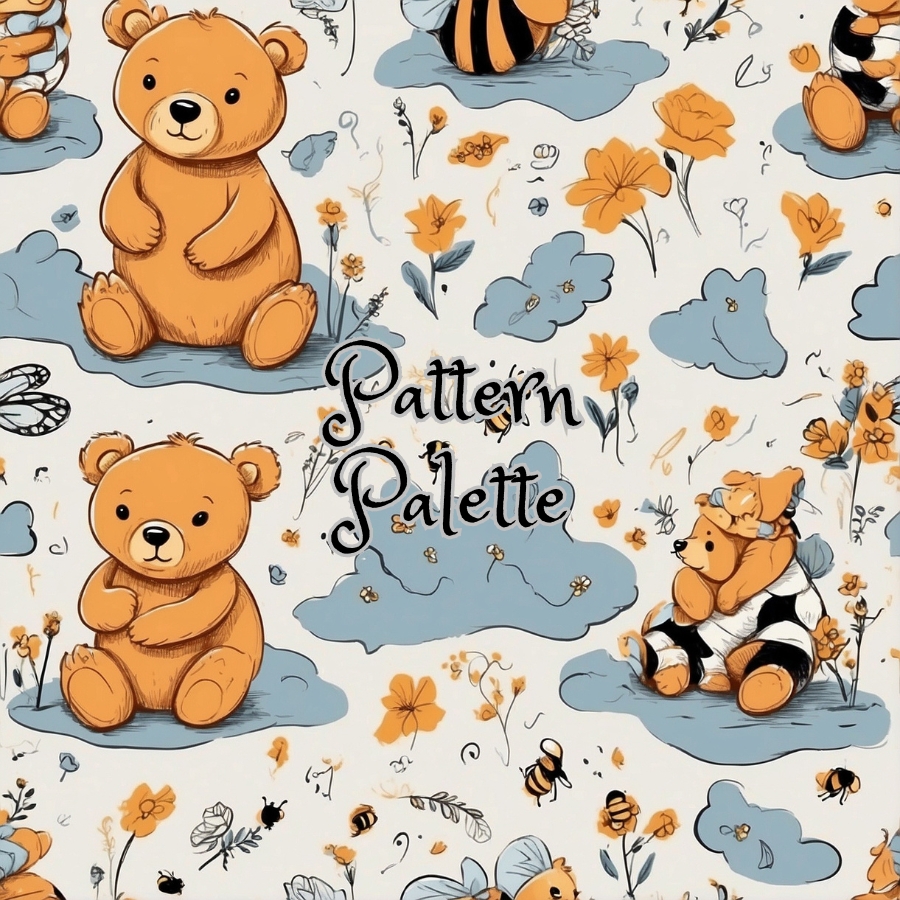 Floral Bear And Bee Illustration Seamless Pattern, Cute Fabric Pattern, Digital Pattern, Scrapbooking Paper Designs