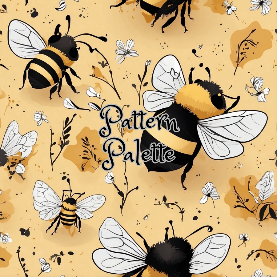 Stylized Bee And Floral Seamless Pattern, Fabric Pattern, Digital Pattern, Scrapbooking Paper Designs