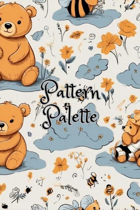 Floral Bear And Bee Illustration Seamless Pattern, Cute Fabric Pattern, Digital Pattern, Scrapbooking Paper Designs