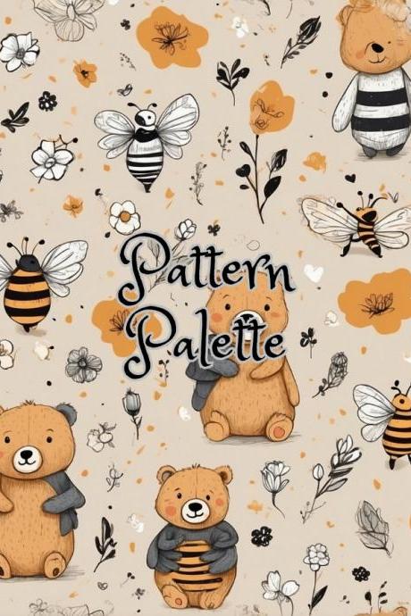 Bears And Bees Garden Party Seamless Pattern, Cute Fabric Pattern, Digital Pattern, Scrapbooking Paper Designs