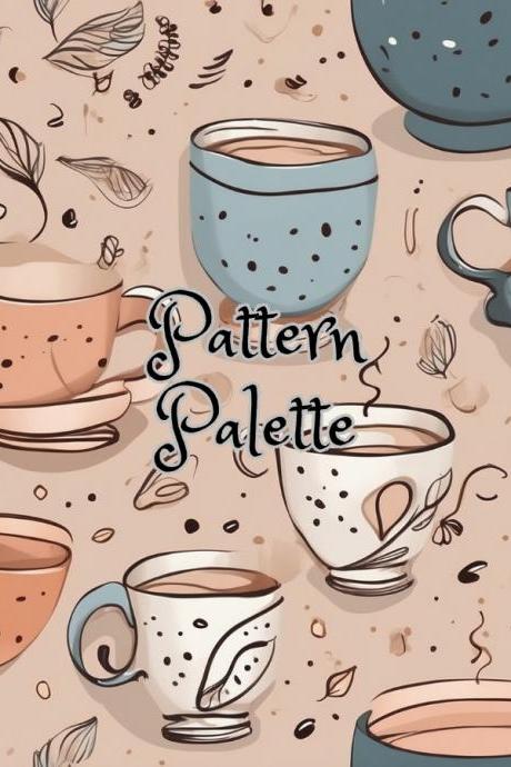Coffee Cups And Leaves Seamless Pattern, Fabric Pattern, Digital Pattern, Scrapbooking Paper Designs